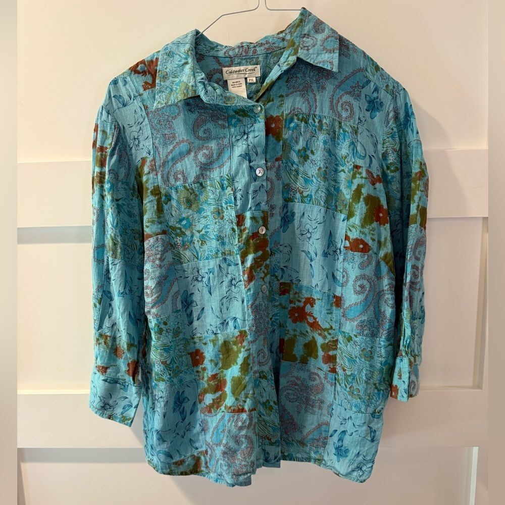 Coldwater Creek boho brilliant Blue and Green Paisley Shirt